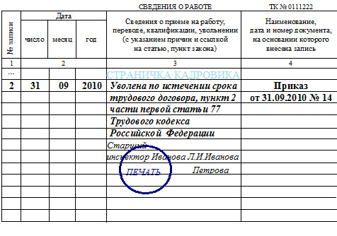 Как правильно сделать запись об увольнении по истечении срока Как правильно сделать запись об увольнении по истечении срока